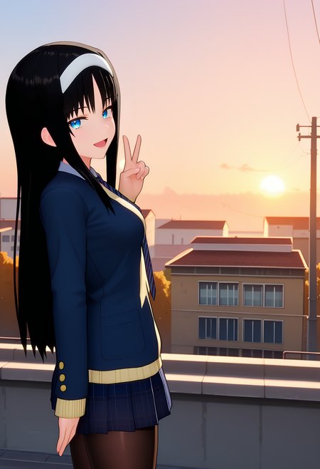 score_9, score_8_up, score_7_up, anime screencap, source_anime, 1girl, solo,
<lora:Akiha_Tohno_Blendy_V1:.85>, KJOakiha, black hair, blue eyes, long hair, headband, 
school uniform, pantyhose, long sleeves, blue jacket, necktie, 
from side, peace sign, smile, half closed eyes, open mouth, looking at viewer, 
School, rooftop, sunset, outdoors, 
(Beautiful, medium Breasts:1.2),