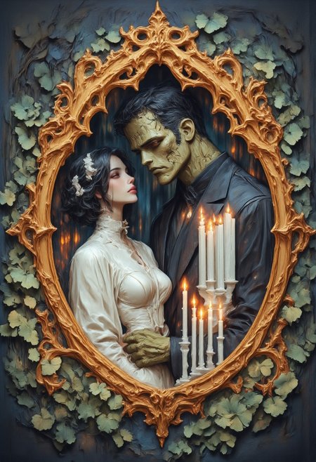 A color pencil illustration captures a stylized scene inspired by the iconic 1931 film "Frankenstein," featuring the Bride of Frankenstein and Frankenstein's monster. The Bride, a woman with short, curled black hair with white streaks on the side, is adorned in a white dress with a high-necked collar, facing left and making eye contact with Frankenstein's monster. He appears as a tall figure with green skin and chapped lips, dressed in a dark suit. They are closely positioned in a dimly lit, romantic room, with an arch of golden cloth in the background and patterned wallpaper Gothic elements include white candles and candelabras, along with light green plants. The classic and intimate ambiance is highlighted by soft illumination, evoking warmth, elegance, nostalgia, and a touch of natural vitality.