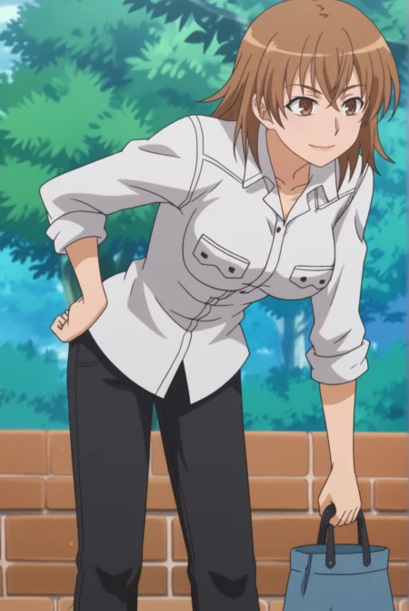 <lora:Misuzu_Misaka:0.8>, Misuzu Misaka, 1girl, black pants, breasts, hand on own hip, holding, leaning forward, pants, pocket, shirt, sleeves rolled up, smile, solo, white shirt