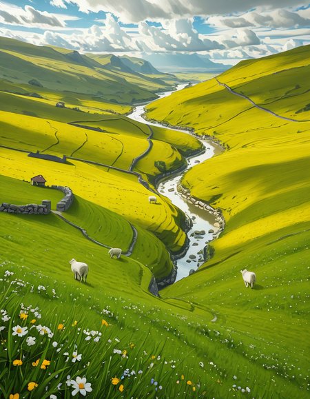 A breathtaking, high-resolution photograph of the rolling plains of Ireland, stretching endlessly under a vast, cloud-streaked sky. The landscape is a lush, vibrant green, with gentle hills covered in soft grass and dotted with scattered wildflowers. Ancient stone walls and winding dirt paths cut through the fields, marking old farmland boundaries. In the distance, a few solitary sheep graze peacefully, their white wool contrasting against the emerald grass. A small, clear river meanders through the valley, reflecting the soft light of the sky. The horizon is framed by low, misty mountains, adding depth and mystery to the scene. Above, the sky is a mix of bright blue and fluffy white clouds, casting dynamic shadows across the landscape as beams of sunlight break through. The atmosphere is serene, timeless, and rich with the natural beauty of the Irish countryside.
<lora:SDXLFaeTastic2400:0.4> <lora:extremely_detailed:0.4> extremely detailed,rolling plains of 1r3l4nd, <lora:rolling_plains_of_1r3l4nd-i:1>, Masterpiece,best quality,hi res,8k,hi res,8k,award winning,(sharp focus, intricate, highly detailed),