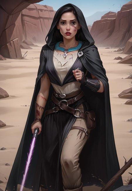safe_pos, ((zPDXL3)), OZRN, digital art, score_9,score_8_up,score_7_up,score_6_up, face focus, waist-up portrait, absurdres, masterpiece, high res, detailed, 
1girl, solo, (((DisneyPocahontas, 1girl, black hair, black eyes, long hair, dark skin))), (d4rkr3v4n4rm0r, black robe, cape, hood down, breastplate, gauntlets, belt, pants, belt boots), (holding lightsaber, purple lightsaber), calm expression, makeup, beautiful woman, action pose,
BattleDamage, cuts, bruises,
in danger, distressed, alarmed, (combat stance), 
dramatic, danger, dutch angle, dof, sand desert background, perfect, Hand, detailed, perfection, hands, 
<lora:bastilashan:1> <lora:Battle_Damage:0.3> <lora:hand 4:0.5>