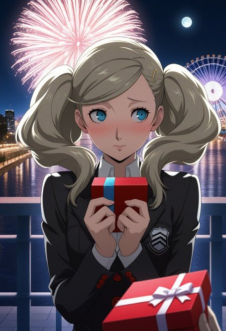 masterpiece,best quality,amazing quality,anime coloring, anime screencap, official art, 
Ann Takamaki, persona 5, school uniform, 
standing, (shy),looking at viewer, Blonde Twintails, Light Blonde, wind, upper_body,gift box, holding gift close, Accepting gift, looking away, outdoors, night, city lights, full moon, backlighting, fireworks, Ferris wheel,photo background,realistic background, reflection, POV,