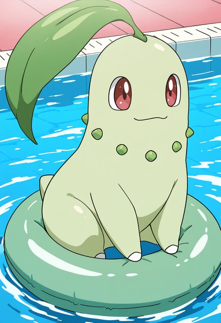 masterpiece, best quality, no humans, solo,    zzChikorita, pool, sitting on innertube,    ,<lora:ChikoritaPokedex_IXL:1.0>,