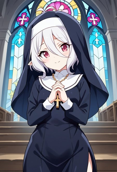 (score_9:0.9),score_8_up,score_7_up,rating_safe,anime style,(zPDXL),masterpiece, anime coloring) rating_safe, anime style, anime_screencap, source_anime,
BREAK source_anime, anime, best quality, masterpiece, rating_safe, uncensored, High quality, 8k, Ultra, 
BREAK (indoors,church, stained glass, cross),
BREAK 1girl, solo, Kokkoro_(Princess_Connect!), red eyes, white hair, short hair, antenna hair, elf, pointy ears, flat chest,
nun dress,white flower-like hat, cross necklace,
BREAK ((cowboy shot)),(((from front))), 
petite body,(small breasts:1.2), 
looking at viewer,smile,praying,