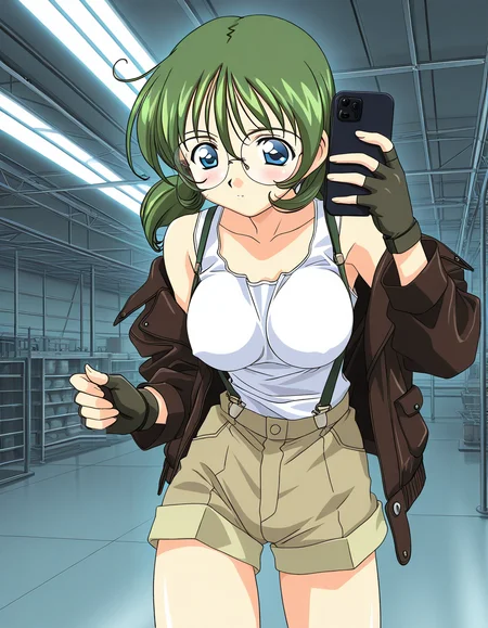 general,highres, ultra-detailed,very aesthetic,best quality ,best hands,  BREAK <lora:Sakurako_Spiral_NAMI_IS:1> 2000s \(style\),anime coloring,
Sakurako, solo, glasses, green hair, blue eyes, twintails, short hair, large breasts, gloves, shorts, fingerless gloves, tank top, phone, jacket, suspenders, factory, room,
Show less