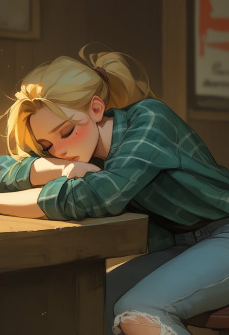 score_9, score_8_up, score_7_up, score_6_up, score_5_up, score_4_up, manga, girl, Tied hair, black shirt, dismal, gloomy, face clearly visible, dutch angle, semi-realism, noise effect, sharp details,  VHS, 
BREAK 
girl in knotted shirt, 1girl, denim, shirt, torn pants, jeans, pants, blonde hair, freckles, plaid shirt, mole, torn clothes, mole under eye, ponytail, torn jeans, long hair, bar background, dust, American, sitting on stool chair, cowgirl, beautiful, attractive woman, semi-realistic, depth of field, realistic, sleeping, closed, drunk, blushing, head rest on arms, sleeping on table, fainted, unconscious,