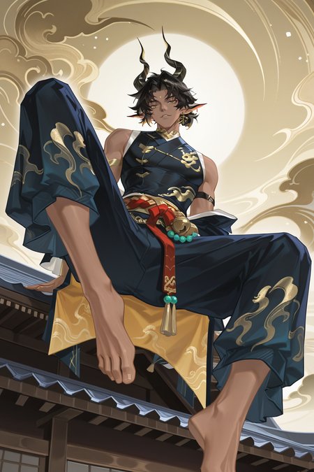 <lora:guijinyang-IL-000009:0.8>,guijinyang,yellow eyes,dark-skinned male,slim,sleeveless_kimono,looking at viewer,sitting on rooftop,from below,barefoot,open clothes,1boy,solo,yaoi,bara,male focus,masterpiece,best quality,amazing quality,nsfw,uncersored,highres,best quality,amazing quality,best aesthetic,absurdres,