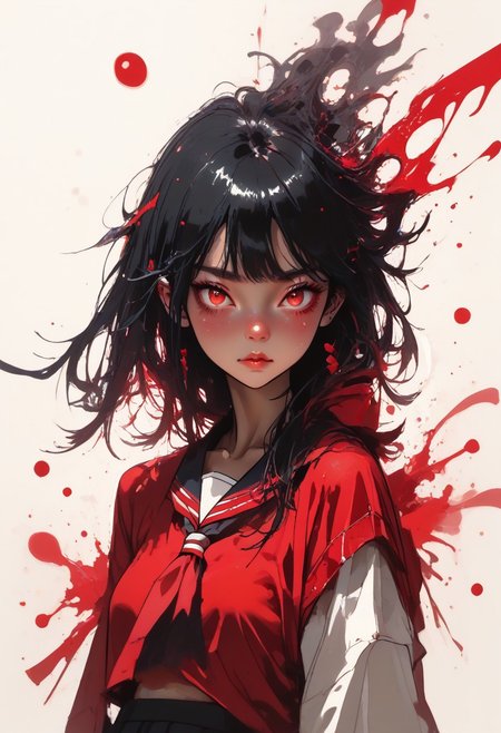 score_9, score_7_up,  1girl, red eyes, black hair, hourglass figure:1.3,  seifuku:1.4, monochrome:1.4, color splash:1, high contrast, masterpiece, best quality