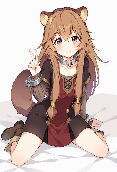 raphtalia,red eyes,raccoon girl,long hair,sidelocks,dress,long sleeves,boots, 
flat breasts, barefoot, 
petite body, slender, slender waist,
kneeling, spread legs, v, peace sign, both hands, leaning forward, 
straight-on, look at viewer, full body view, 
score_9, score_8_up, score_7_up, score_6_up, score_5_up, score_4_up, BREAK source_anime, masterpiece