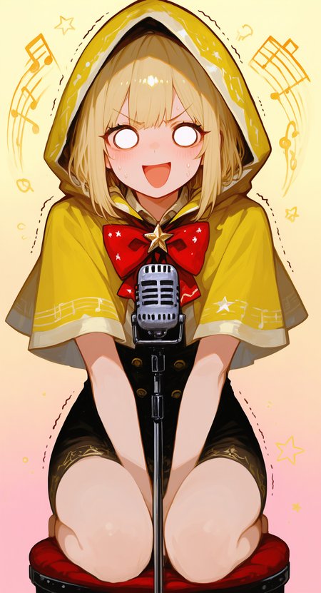 masterpiece, best quality, good quality, very aesthetic, absurdres, newest,1girl, solo, o o, bow, bowtie, capelet, gradient background, hood up, hooded capelet, light blush, microphone, nervous, nervous sweating, seiza, sitting on stool, open mouth, pink background, red bow, red bowtie, smile, staff (music), star (symbol), sweat, traditional bowtie, trembling, v-shaped eyebrows, yellow background, yellow capelet, The microphone stand is placed in front of the girl <lora:ponyv5_noobV065S_1_adamW-000013:0.7> <lora:USNR_STYLE_XL_lokr:0.45> <lora:GBF_Illustrious:0.4> <lora:745cmSDXLvpred75S:0.8>