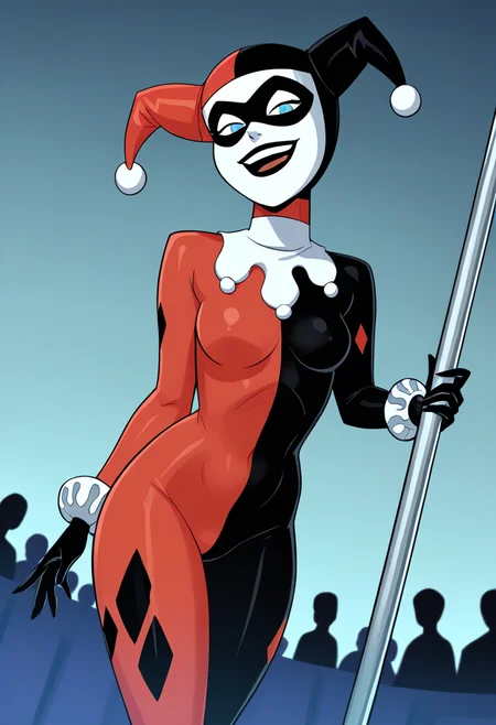 score_9, score_8_up, score_7_up, score_6_up, score_5_up, score_4_up, BREAK source_cartoon,
1girl, hq1992, domino mask, jester cap, bodysuit, blue eyes, gloves,
 looking at viewer, evil smile, dutch angle, cowboy shot, stripper, stripper pole, pole dancing, crowd, nightclub background   <lora:HQ1992XL:1>
