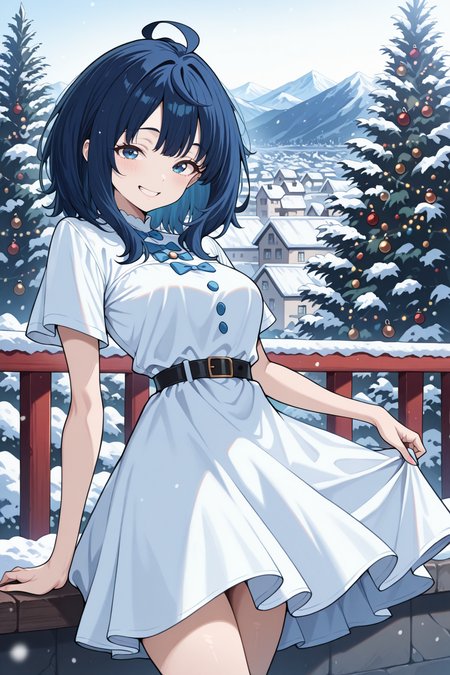 1girl,(solo),anime,masterpiece, best quality, amazing quality, very aesthetic, absurdres, newest, scenery, <lora:Diana_epoch_2:1>, blue hair, medium hair, ahoge, blue eyes, skinny,dress christmas,looking at viewer, smile,