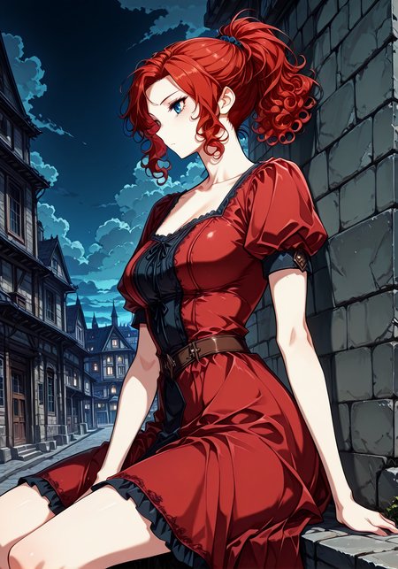 <lora:Alicia_Termina_Magentano__The_Greatest_Estate_Designer:1>
1 girl, solo, red hair, blue eyes, medium hair, curly hair, 
red dress, short sleeves, puffy sleeves, puffy short sleeves, ponytail, collarbone
masterpiece, best quality,high quality, newest, highres,8K,HDR,absurdres, score_9, score_8_up, score_7_up, score_6_up, source_anime, masterpiece, best quality, absurdres, highres, newest, anime coloring <break>  1girl, solo, sitting, on wall, from side, town, night sky, cloud <lora:iLLMythG0thicL1nes:1> , <lora:Eyes_High_Definition:1>
