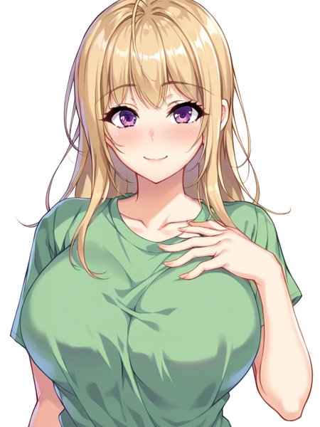 score_9, score_8_up, score_7_up,  
1girl, koshizumi sanae, long hair, blonde hair, large breasts, purple eyes,
green t-shirt, short sleeves,

looking at viewer, smile, closed mouth, hand on own chest, blush,

standing, upper body, 
white background, solo,