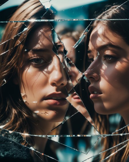 shattered mirror, reflect, girl's face, cinematic shot + dynamic composition, incredibly detailed, sharpen, details + intricate detail + professional lighting, film lighting + 35mm + anamorphic + lightroom + cinematography + bokeh + lens flare + film grain + HDR10 + 8K + Roger Deakins, ((cinematic))