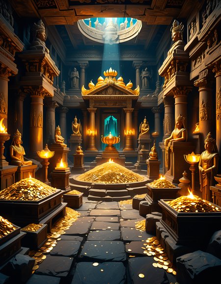score_9, score_8_up, score_7_up,amazing quality, ultra realistic, 3D, HD, best quality, amazing quality, very aesthetic, absurdres
A hidden treasure chamber deep within an ancient temple, illuminated by the warm golden glow of torches and mystical blue light from enchanted crystals. The room is filled with piles of gold coins, jewel-encrusted goblets, and ancient artifacts covered in dust. Massive stone statues of forgotten deities guard the chamber, their eyes glowing faintly as if watching intruders. In the center, a grand pedestal holds a legendary artifactâan ornate golden crown encrusted with emeralds and sapphires, shimmering with an otherworldly aura. The walls are adorned with intricate carvings depicting lost civilizations, and creeping vines hint at centuries of abandonment. The atmosphere is mystical and slightly eerie, with a sense of both wonder and danger. The air is thick with the scent of aged parchment and burning incense, adding to the chamberâs ancient and mysterious feel. Cinematic lighting with dramatic shadows enhances the depth and richness of the scene, creating a visually stunning and immersive environment.
<lora:SDXLFaeTastic2400:0.4> <lora:extremely_detailed:0.4> extremely detailed,treasure ch4mb3r, <lora:treasure_ch4mb3r-p:1>