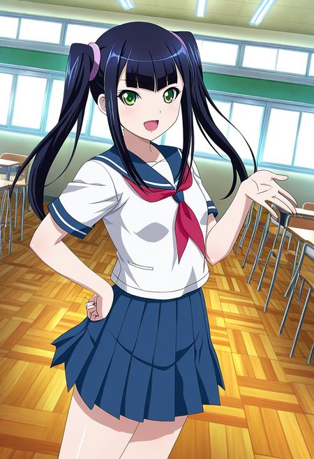 general,highres, ultra-detailed,very aesthetic,best quality ,best hands,best eyes,easynegative,
dynamic anglre, dutch angle, anime cloring,anime screencap,
1girl solo,looking at viewer,school, smile, open mouth, hand on hip, 
Genpou Saji,black_hair, twintails, small breasts, green_eyes,serafuku,