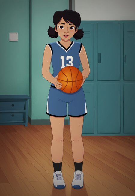 (zPDXL3) source_cartoon, handsfree, Perfect Hands, full body, 1girl, solo, locker room, indoors, , smile , looking at viewer ,
 mari_lopez, black hair, short hair, twintails, lipstick, red lips, sportswear, basketball uniform, shorts, socks, shoes, , (sweat:1.3).
