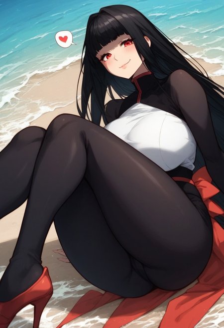 score_9_up, score_8_up, score_7_up, score_6_up, score_5_up, score_4, source_anime, 1girl,  red eyes, black hair, blunt bangs, long hair, black and white shirt long sleeves, red bow at the waist, black pants, red heels,
alone, solo, huge breasts, gigantic round ass, perfect ass, thick thighs, cinematic lighting, 
 blushing skin, dynamic angle, unique angle, skin tight, looking at viewer, beach, in  water,
expressiveh, (heart dynamics:1.2), 
blush, erotic face, smirk, heavy breathing, steaming_body,  (very low angle shot:1.1)
