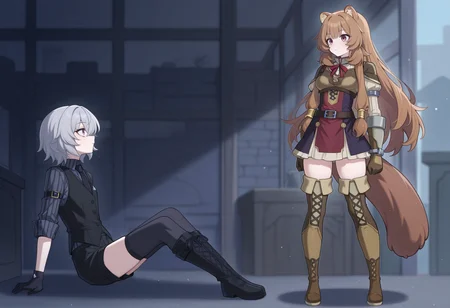 1girl. thighhighs, grey hair, shorts, vest, black vest, shirt, striped shirt, vertical-striped shirt, boots, lace-up boots, arm belt, necktie, gloves, sitting, on floor <lora:Jack_Illus:0.8> BREAK  1girl, standing, raphtalia, serious, are_you_my_master <lora:are_you_my_master:1>, masterpiece, best quality, amazing quality, very aesthetic, absurdres, highres, newest