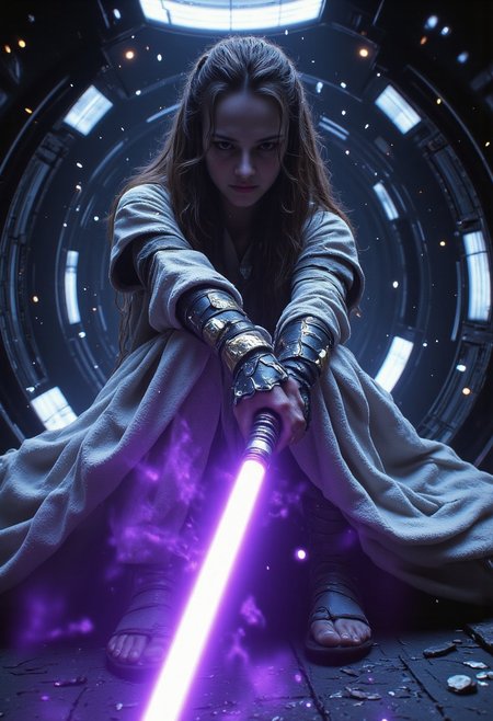 realistic, PHOTOREALISTIC, ((perfect anatomy)), (futuristic warrior wielding purple lightsaber:1.3),  25 years old, perfect quality, high quality,(sci-fi, star wars, jedi knight, empress, married), Jaina solo, big brown eyes, dark brown hair, long straight intricate hair, athletic female, ((fitness models, muscle detail, detailed muscle)), long athletic muscular legs, athletic round muscular butt, athletic hips, perfect breasts, perfect body, epic, long hair, intricate hairstyle, cute, soft skin, soft skin, textured skin ,shining glossy skin, soft abs, athletic waist, (slender body),  sci-fi, futuristic, ((intricate transparent flowing sheer jedi robes showing sexy body underneath:1.2, armor parts on body:1.2, marble armor:1.2, greave, boots)), glowing Kintsugi tattoos on body:1.3, Expressiveh, (volumetric lighting:1.2), cinematic, cinematic lighting, reflections, ultra hd, visual effects, graphic effects, ambient occlusion, raytracing, soft lighting, realistic, blum effect, masterpiece, absolutely eye-catching, particles, glow, shining, (intricate cinematic background, on space station, outer space in background, leaping into the air towards unseen sith lord swinging lightsaber at them, dimly lit room, seducing viewer, god rays), (beautiful face), R3alisticF, Perfect hand, Detailed hand, 5 fingers on each hand