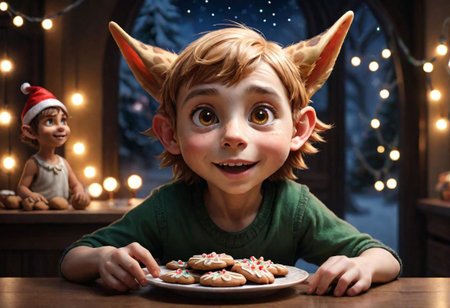 (8k uhd, masterpiece, best quality, high quality, absurdres, ultra-detailed), 1boy, head tilt, rim lighting, giraffe boy giving you a plate of gummy gingerbread cookies, giraffe elf boy, cute elf, giraffe ossicones, giraffe ears, human face,  Christmas store, fairy lights, concept art