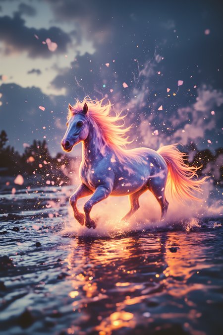 An elemental horse gallops across a water surface, breaking through crystal barriers that dissolve into light. Its mane and tail are made of living flame, while its hooves create ripples of glowing energy on the water. Fractured crystal pieces float in the air around it, each reflecting a different color of the spectrum. The sky above shows both sun and stars, creating an impossible twilight scene. , detailed background  Fantastic lighting. Detailed shadows.intricate details, vivid colors, hyper-detailed, ultra-sharp, High resolution, high detail. Highly detailed. <lora:OBæç«å¾äººåæå½±Instant camera portrait photography V2.0:1.0>, <lora:Dark side of light:0.55>, <lora:aidmaFLUXPro1.1-FLUX-v0.3:1.0>, <lora:Glitchcore_Flux:0.8>,