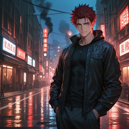 masterpiece, best quality, amazing quality, absurdres, newest, detailed background, definition so sharp, Ultra-HD, 8K cinematic, very awa, impressionate, amazing quality, highres, 
solo, male focus, manly, 
1boy, spiked hair, short hair, mikoto_red hair, mikoto_yellow eyes, mikotosuoh, open jacket, black shirt, smoke, urban setting, night, streetlights, subtle glow, predatory gaze, muscular, standing, hands in pockets, looking at viewer, calm expression, slight smile,