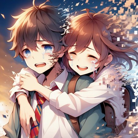 score_9, score_8_up, score_7_up, source anime, dissolving, disintegration, crying, hug, tears, hug from behind, brown hair, 1boy, necktie, blue eyes, closed eyes, open mouth, glitch, short hair, shirt, striped necktie, smile, crying with eyes open, 1girl, red necktie, backpack, white shirt, black hair, hair between eyes, bag, digital dissolve, ahoge, upper body, teeth, long sleeves, streaming tears, siblings, school uniform, <lora:dissolving-xl-pony-v2-000008:1.2>,