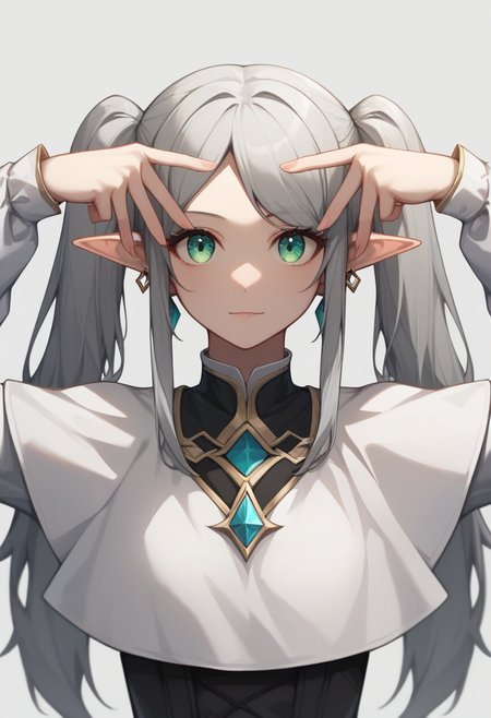 score_9,score_8_up,score_7_up,<lora:oshi_no_ko:1>,1girl, frieren, solo, upper_body, hands_up, grey_hair, long_hair, twintails, earrings, :p, elf, fake_cover, green_eyes, hoshino_ai's_pose, long_sleeves, looking_at_viewer, parody, parted_bangs, simple_background, white_capelet
