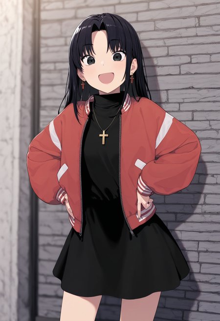 masterpiece,best quality,amazing quality,
misato katsuragi, black eyes, parted bangs, long hair, earrings, cross necklace, red jacket, long, sleeves, black dress, pose, happy, cowboy shot, hands on hips,
 <lora:Kindatsu_epoch_10:1>