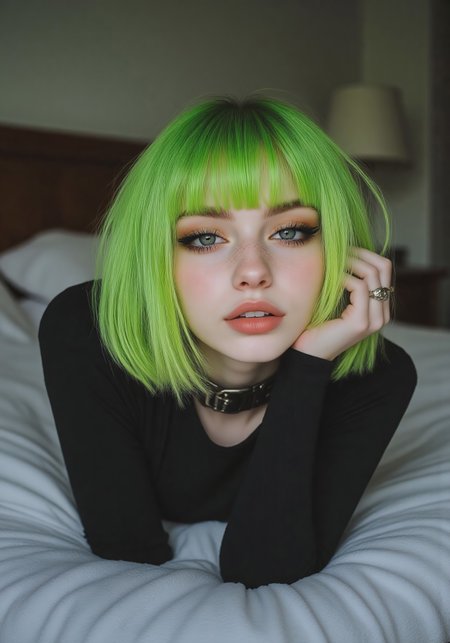 (masterpiece), (realistic:1.2), natural bedroom light, amateur photo, looks like a phone camera, cozy atmosphere, soft shadows. bit darker FictionalApple, goth girl with a lime green bobcut with blunt bangs She is lying on her bed under a light blanket, taking photo of her face. Messy morning hair.