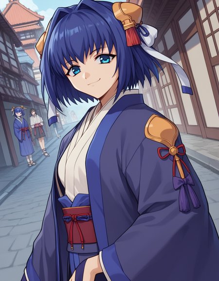 score_9, score_8_up, score_7_up, source_anime, <lora:daiakuji-yume-ova-ponyxl-lora-nochekaiser:1>, yume, short hair, blue eyes, hair ornament, blue hair, hair intakes, ribbon, hair ribbon,, long sleeves, japanese clothes, bridal gauntlets,, town, small, streets, community, people, , smug, looking at viewer, solo,, dutch angle, cowboy shot