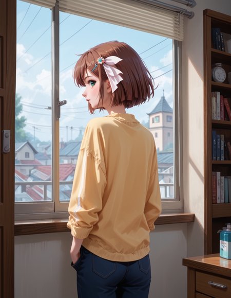 <lora:Fiz-Rot_Art_Style_Pony:0.8> f1z-r0t, Score_9, score_8_up, score_7_up,1girl, solo, looking back, hair ornament, from behind,
 <lora:hinaTuningFaceDetailer_SDXL-v2-rank256-pruned:0.8> , <lora:Kanzaki_Moemi_Ryoujoku_Famiresu_Choukyou_Menu_for_Pony:0.8>  Moemi, short hair, brown hair, <lora:Mooning:1> mooning