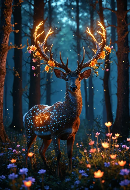 macro photography,  A Deer with great glowing antlers decorated in glowing magical runes standing in a dense forest with illuminated flowers on a magical dark night, glowing particles in the air, enchanted forest, vibrant, sharp, extreme details, 8k <lora:add-detail-xl:1> <lora:MJ52:0.5> <lora:sss:0.5>