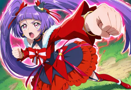 masterpiece, best quality, absurdres, very aesthetic, general,
cure magical, cure magical \(ruby style\), crmgclruby, 1girl, purple hair, witch hat, solo, twintails, mini hat, black headwear, open mouth, purple eyes, looking at viewer, red bow, blunt bangs, red skirt, from above, clenched hands, pink eyes, floating hair, shiny hair, red legwear, long sleeves, :o, star earrings, red sleeves, hair bow, clenched hand, red ribbon, detached sleeves, standing, red dress, ahoge, pink bow, punching, mini witch hat, hair ribbon, layered skirt, black legwear, serious, wrist cuffs, hair ornament, red footwear, boots, very long hair, layered dress, looking up, frills, miniskirt, eyelashes, red eyes, choker, bracelet, cowboy shot, brooch, black skirt, eyebrows visible through hair, garter straps, red neckwear, fur trim, full body, pink background, outdoors, foreshortening, frilled skirt, henshin, striped bow, anime coloring, red thighhighs, v-shaped eyebrows, striped clothes, angry, aura, red bowtie, outstretched arms, tilted headwear, energy, gem, grass, star ornament, star hat ornament
<lora:cure_magical_izayoi_liko_illustXL_locon_v1:0.7>