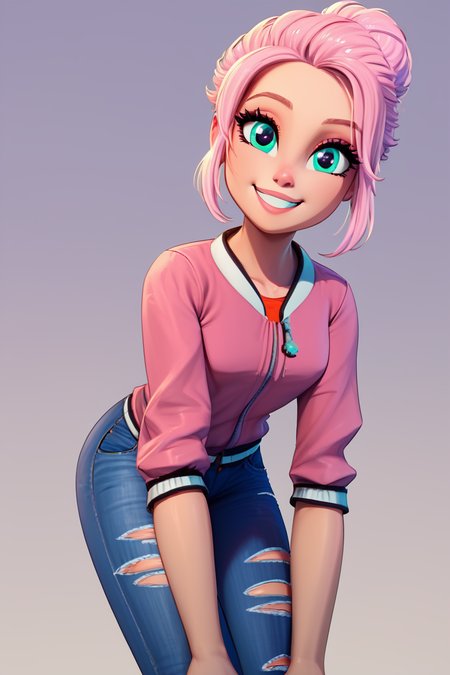 score_9, score_8_up, score_8, medium breasts, (curvy), cute, eyelashes,       BREAK, , zzBrooklynn, pink hair, single hair bun, pink jacket, denim pants,  <lora:Brooklynn_Jurassic_Park_PDXL_v2:0.7>, , BREAK, looking at viewer,  smile, upper body, leaning forward, head tilt,  embedding:zPDXL, Expressiveh, <lora:theButcherXPDXL:1.0>, <lora:CatalystStylePDXL:0.6>,  <lora:SDXLFaeTastic2400:0.5>,  <lora:Expressive_H-000001:0.4>,