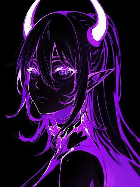 score_9, score_8_up, score_7_up, score_6_up, score_5_up,  <lora:neonXLP:1> neon, 1girl, horns, solo, long hair, looking at viewer, demon girl, pointy ears, black background, hair between eyes, demon horns, simple background, monochrome, upper body, purple theme, from side