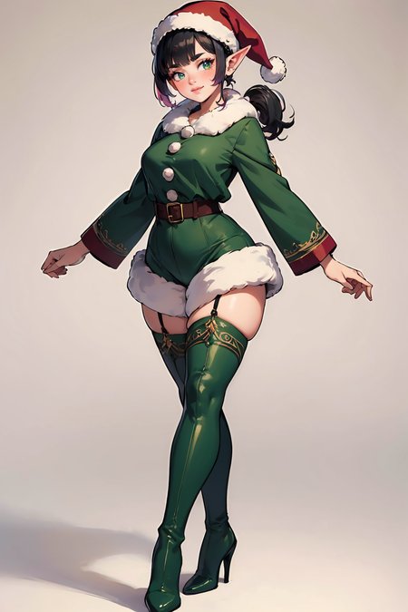 (masterpiece, best quality, highres, high resolution:1.2), extremely detailed, intricate details, 1girl, solo, looking at viewer, clamEmma, <lora:clamEmma:0.6>, (simple background, white background:1.2), full body, santa's elf, green outfit, stocking cap, high heel boots, smile, side-swept bangs, black hair, pink IncursioDipDyedHair, messy mid ponytail, green eyes, thick eyebrows, freckles, <lora:DipDyedHair:0.8>, <lora:weight_slider_v2:0.25>, (cinematic lighting, bloom, volumetric)