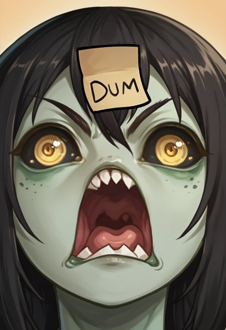 score_9, score_8_up, score_7_up, 1girl, solo, long hair, black hair, green skin, black sclera, monster girl, covered in vines, yellow eyes,
gradient background, portrait, face focus, comic style,
<lora:The_Lady_of_the_Forest_Dragon_Age_Origins:0.7>,   <lora:DumStickyNote_XLPD:1> dumstickyNote, sticker,  <lora:rage_r1:1> open mouth rage, open_mouth, shouting,