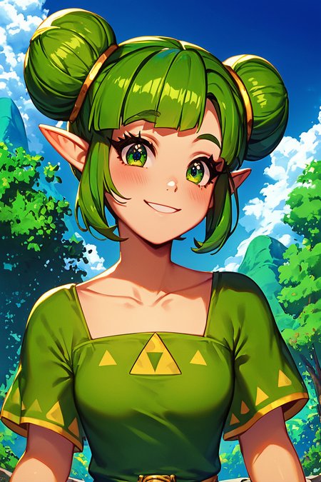 score_9, score_8_up, score_8, medium breasts, (curvy), cute, eyelashes,       BREAK, , zzFarore, green eyes, green hair, double bun, pointy ears,  bangs, green dress, collarbone, short sleeves  <lora:Farore_Zelda_PDXL:0.6>, , BREAK, smile, looking at viewer, cowboy shot, outdoors, sky, day, cloud, tree, blue sky, sunny,  Expressiveh, <lora:Alola_Style_PDXL:0.8>,  <lora:Expressive_H-000001:0.4>,