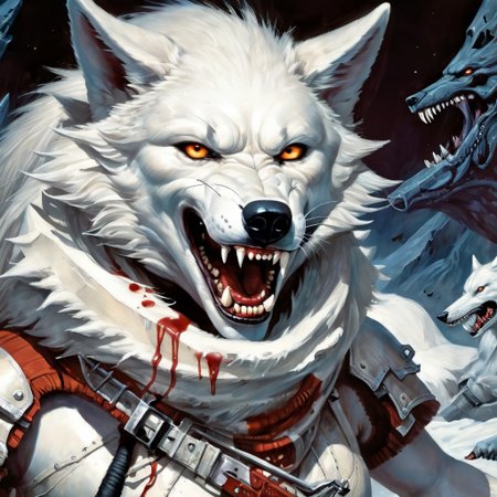Photorealistic art of a wolf girl dressed in adventuring gear with a white wolf in the background, mouth closed, wisosdxl, wolf, snarl, snarling, ears forward, intense gaze, black, white, basilwolverton style, grotesque, spaghetti hair, bulging eyes, skin folds, veins, large teeth, bloodshot eyes, mad-stpk-ggls, mad-stpk-flcp, mad-stpk-ht, mad-mecharm, John Berkey Style page, KIRIGAMI page, linquivera, liiv1, g1g3r