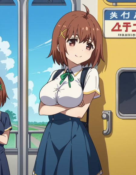 score_9, score_8_up, score_7_up, source_anime, <lora:nimi-minimi-s1-ponyxl-lora-nochekaiser:1>, nimi minimi, short hair, large breasts, brown hair, hair ornament, brown eyes, ahoge, x hair ornament, skirt, school uniform, blue skirt, short sleeves, collared shirt, ribbon, green ribbon,, train station, waiting for train, suitcase, traveling, commute, city skyline, hands behind back,, smile, , crossed arms, smug, solo,, cowboy shot, dutch angle