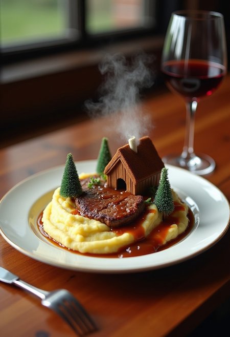 a plate of food on a polished wooden table, the plate of food is a scene, mountains, gravy lake, a tiny house  made of steak with smoke coming from the chimney, fork and knife on the table, wine glass next to the plate, the mashed potatoes are egges potaitos
