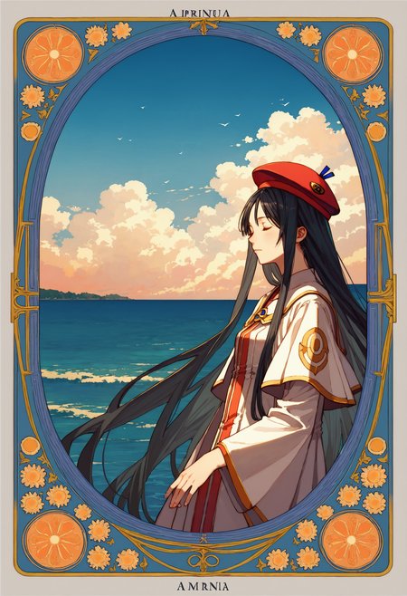 score_9, score_8_up, score_7_up, masterpiece, best quality, very aesthetic, absurdres,
<lora:Amano_Kozue_å¤©éããã_Style_Pony-000010:0.8> (amano_kozue:1.2), aria \(manga\), art nouveau, 
1girl, solo, black hair, long hair, closed eyes, from front,
blue sky, ocean, port  town,