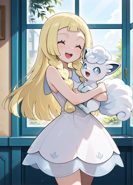 masterpiece, best quality, amazing quality, very aesthetic, absurdres, newest, detailed background, cowboy shot, outdoors, looking at viewer, official style, 
lilliexd, 1girl, blonde hair, dress, closed eyes, long hair, open mouth, pokemon (creature), white dress, braid, smile, twin braids, sleeveless, sleeveless dress, :d, indoors, window, ^ ^, hands up, alolan vulpix,
 <lora:Lillie_-_Pokemon_Illustrious:1>