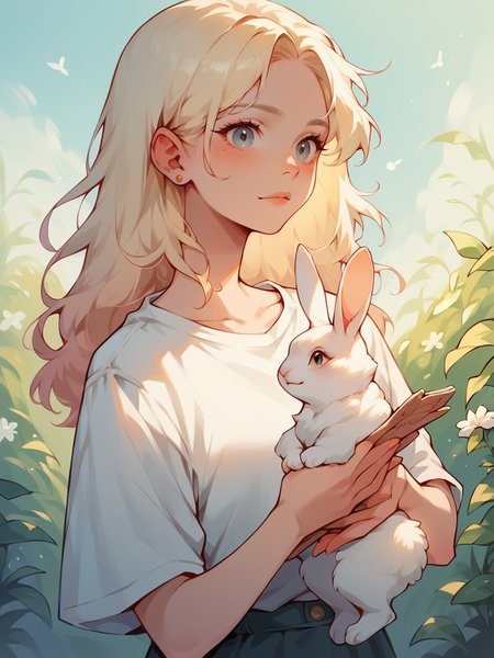 score_9, score_8_up, score_7_up, score_6_up,  <lora:p3tl0v3XLP:1> p3tl0v3, 1girl, rabbit, holding rabbit