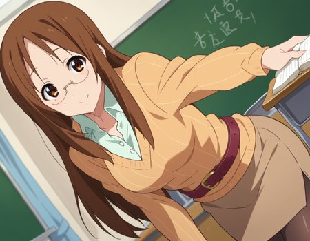 score_9, score_8_up, score_7_up, source_anime,
sawakoyamanaka, <lora:sawako-yyamanaka-s2-ponyxl-lora-nochekaiser:1>,
sawako yamanaka, brown eyes, brown hair, glasses, long hair,
belt, official style, pantyhose, teacher, dress, light brown dress, skirt, pencil skirt,
indoors, classroom, smile, bent over,
looking at viewer, dutch angle, cowboy shot,