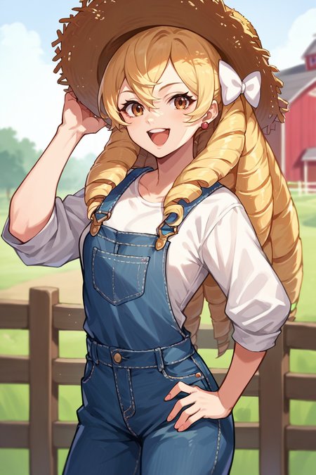 score_9, score_8_up, score_7_up, score_6_up, source_anime, 1girl, solo,  <lora:femaribelle-pdxl-nvwls-v1-000005:1> maribelle, blonde hair, long hair, drill hair, hair bow, earrings, straw hat, denim overalls, white shirt, hand on hip, farm, happy, looking at you