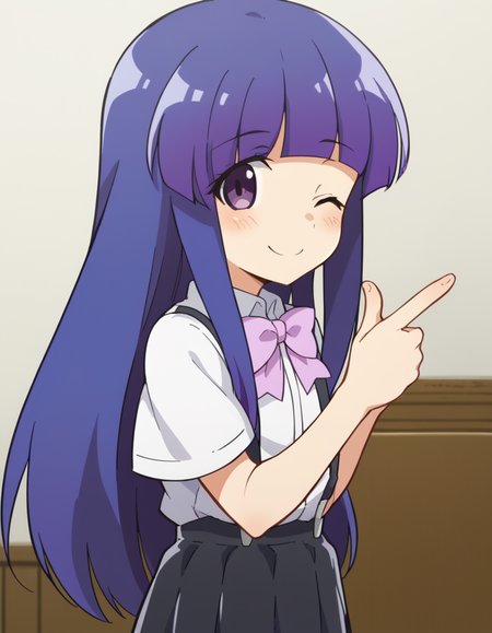 score_9, score_8_up, score_7_up, source_anime, <lora:rika-furude-s4-ponyxl-lora-nochekaiser:1>, rika furude, long hair, bangs, blue hair, purple eyes, blunt bangs, purple hair,, skirt, shirt, bow, school uniform, white shirt, short sleeves, pleated skirt, bowtie, black skirt, suspenders, pink bow, suspender skirt,, hotel, rooms, lobby, guests, beds, smile, <lora:double-finger-gun-ponyxl-lora-nochekaiser:1>, double finger gun,, blush, smile, one eye closed, from side, looking at viewer, solo,, dutch angle, cowboy shot